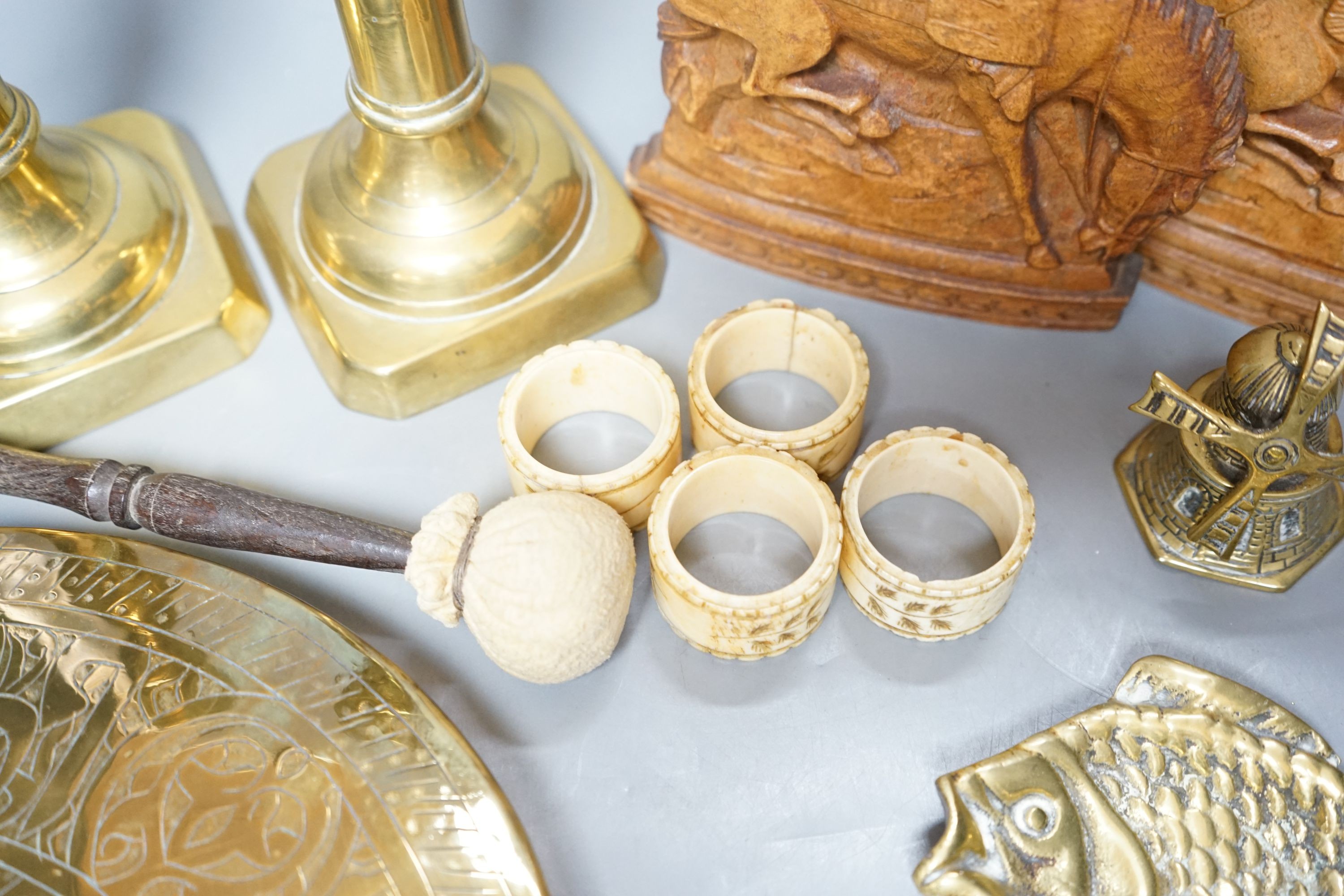 Mixed brass wares, candlesticks, gong etc together with mixed collectibles - music box, ivory, bone etc